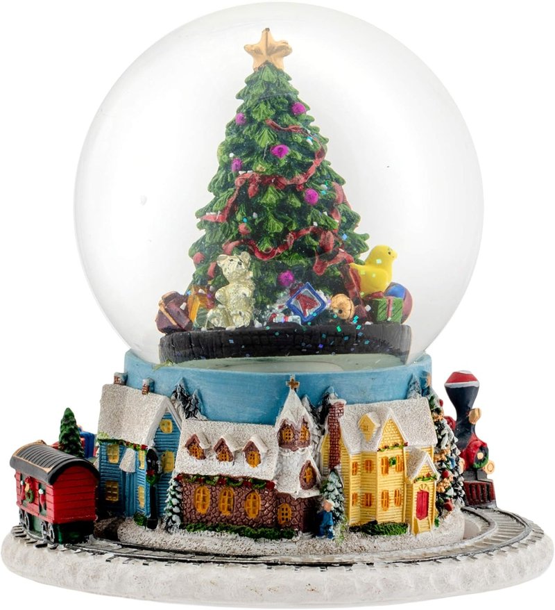 Elanze Designs Musical Glitter Water Snow Globe - Christmas Tree Village with Moving Train & Tune