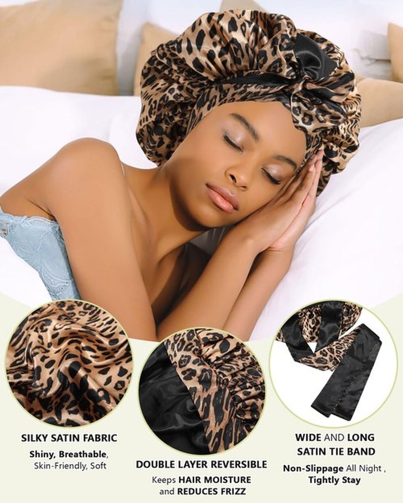Satin Bonnet Silk Hair Wrap for Sleeping - Reversible Night Cap with Tie Band (Leopard + Black)