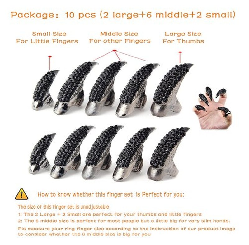 10 Pcs Halloween Costume Fake Finger Claws - Gothic Punk Cosplay Nail Rings - Sparkling Crystals Paved Party Accessories for Girls Women Men - Witch Vampire Paw Fingertip Claw Nails, 3 Sizes - Black