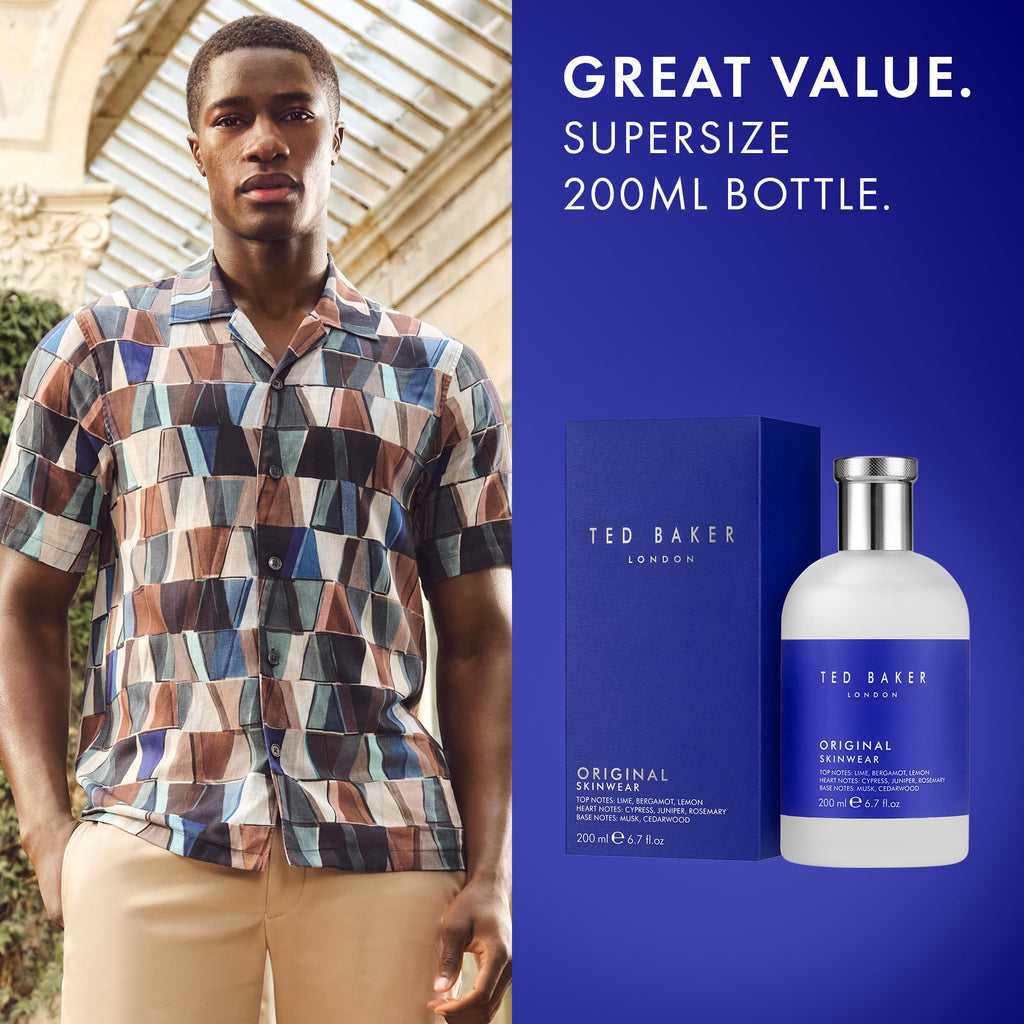 Ted Baker Skinwear EDT, woody masculine fragrance, zesty lime, bergamont and lemon top notes with sandalwood, amber and cedar base notes, 6.76 fl oz