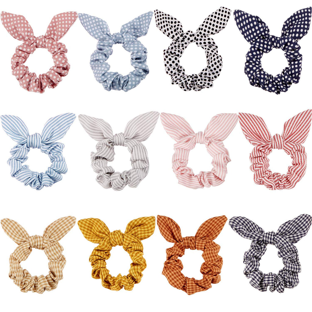 Yaomiao 12 Pieces Bow Hair Scrunchies Bunny Ear Scrunchies for Bow Silk Bowknot Bobbles Elastic Hair Ties Ropes Ponytail Holder for Women(Wave Point)