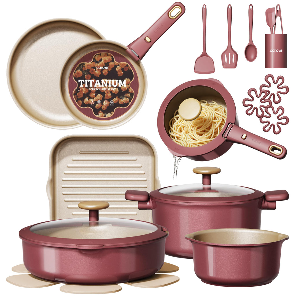 CAROTE 26 Pcs Pots and Pans Set, Nonstick Cookware Sets with Detachable Handle, Titanium Reinforced, Oven Safe, Cookware Non Stick Cooking Set w/Frying Pans & Saucepans Red(PFOS, PFOA Free)