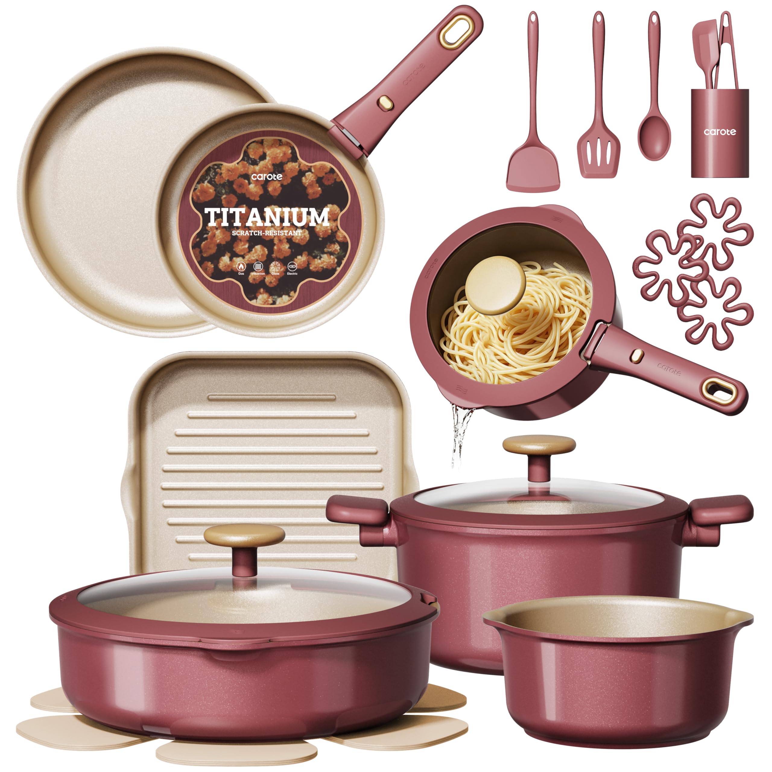 CAROTE 26 Pcs Pots and Pans Set, Nonstick Cookware Sets with Detachable Handle, Titanium Reinforced, Oven Safe, Cookware Non Stick Cooking Set w/Frying Pans & Saucepans Red(PFOS, PFOA Free)