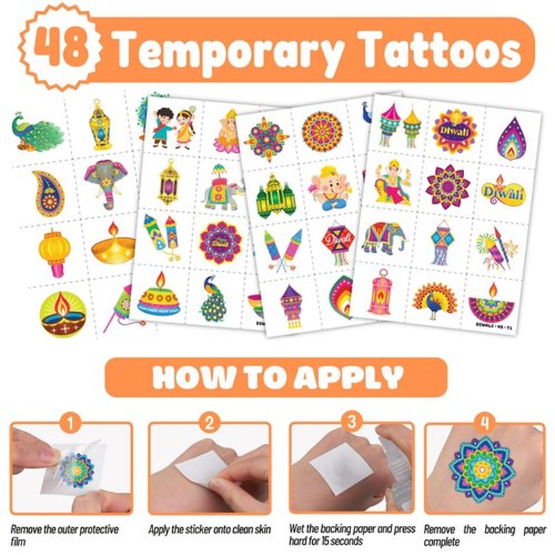 Cherisnowy 72PCS Diwali Party Set - 48PCS Temporary Tattoos & 24PCS Slap Bracelets - Festival Happy Indian -Themed Birthday Supplies, Baby Shower Gifts, Classroom Rewards & Party Decor for Kids