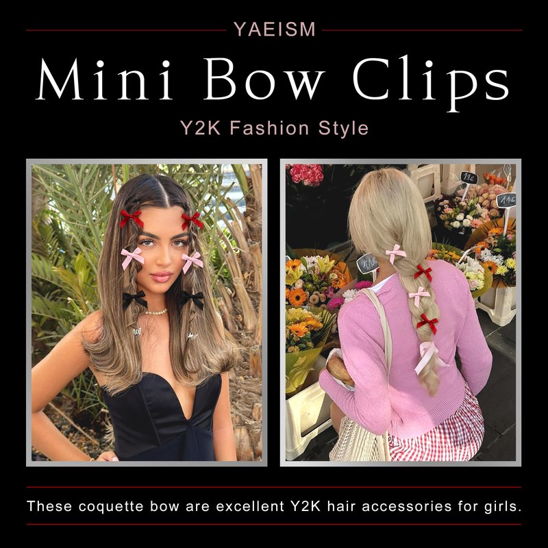 YAEISM 30PCS Small Hair Bows Black Mini Bow Hair Clips Satin Mini Pink Bows Coquette Barrettes Hair Accessories for Women Girls