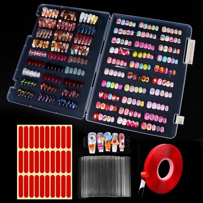 Large Clear Press on Nails Storage BoxNails Storage Box Nail Storage Case with 2 Style Adhesive Double Sided Tape and Nail Display Sticks for Nail Display Organizer Nail Salon Supplies