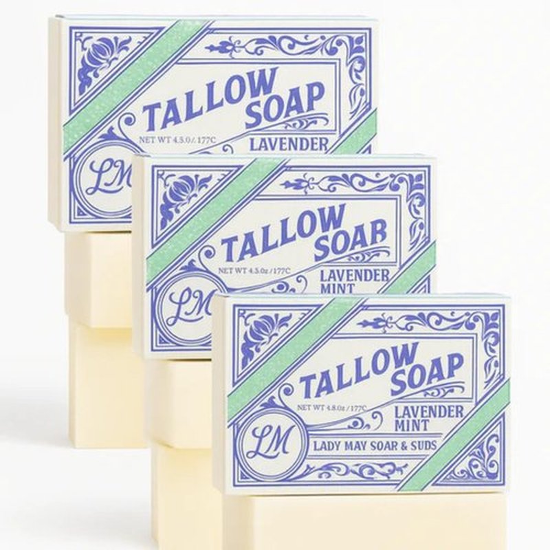 Lady May Tallow Beef Tallow Soap 3 Pack - All-In-One Natural Soap Bar, Made With Coconut Oil and Beef Tallow for Skin Health, Repair and Hydration - Nothing Artificial, USA Made (Lavender Mint)