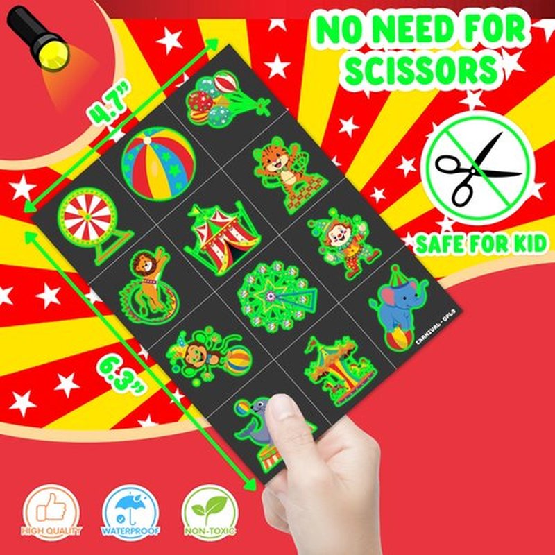 96 PCS Carnival Circus Clown Pre-Cut Luminous Glow in the dark Temporary Tattoos for Kids | Super Cute Themed Birthday Party Favors, Supplies, Decorations, Fake Tattoo Stickers Gifts for Boys Girls