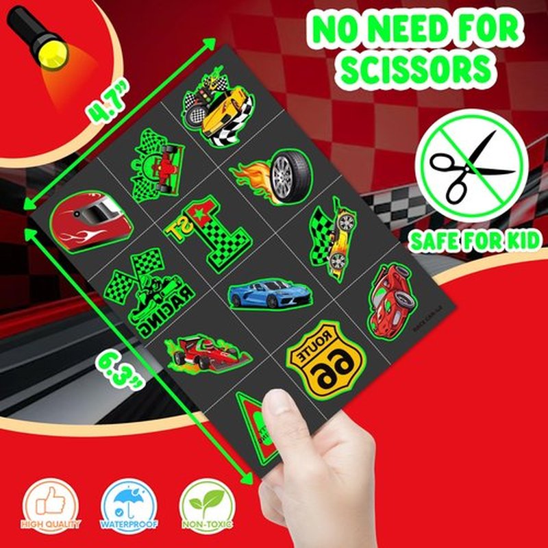 96 PCS Race Car Glow In The Dark Pre-Cut Temporary Tattoos Sticker Racing Checkered Flag Birthday Party Decorations Favors Supplies Gifts Boys Girls Cute Fake Tattoo School Prizes Theme (Luminous)