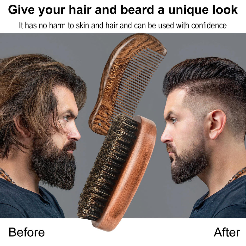 Wonature Beard Brush - Men's Beard Care Tool Set with Wooden Sandalwood Comb & Travel Pouch, Styling & Detangling Travel Kit for All Beard Types