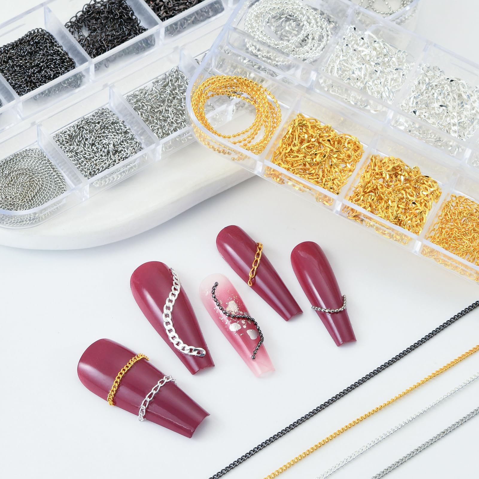 UWETIME 472 Inch Nail Chains for Nail Art 24 Strips 6 Style Gold Silver White Gold Black Metal Chain
