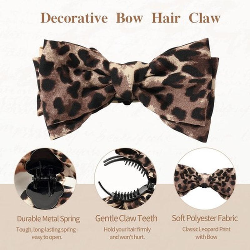 Auseibeely 4 Pcs Leopard Print Bow Claws Clips for Women - Decorative Bowknot Hair Clips for Ponytails/Half-Updo/Bun, Cheetah Elegant Polyester Bow Hair Clips