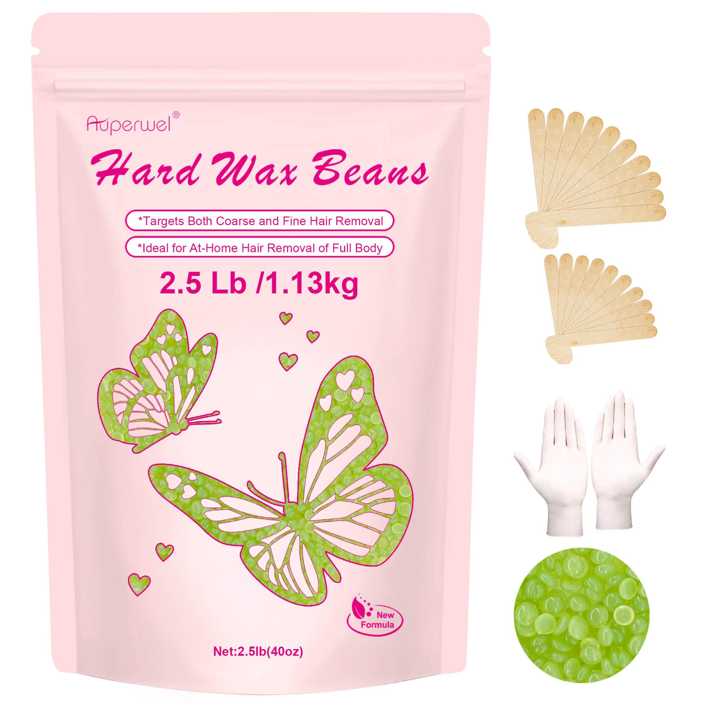 Auperwel Wax Beads 2.5lb,Hard Wax Beads Suitable for Brazilian Bikini & Coarse Hair, Sensitive Skin Hard Wax for Hair Removal (Eyebrow/Body/Underarms), Refill Wax Bags for At-Home Wax Kits