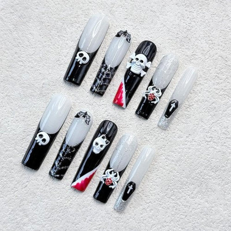 Extra Long Square Handmade Nails with Glue,Goth Press on Nails Halloween False Nails with Skull Charms Acrylic Full Cover Reusable Nails Muti-Layer Gel Nail Press ons for Women (Size S)