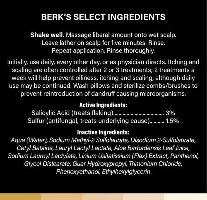 Berk's Medicated Dandruff Shampoo with 3% Salicylic Acid & 1.5% Sulfur - Select Formula - Flake & Itch Control - 8 Fl Oz