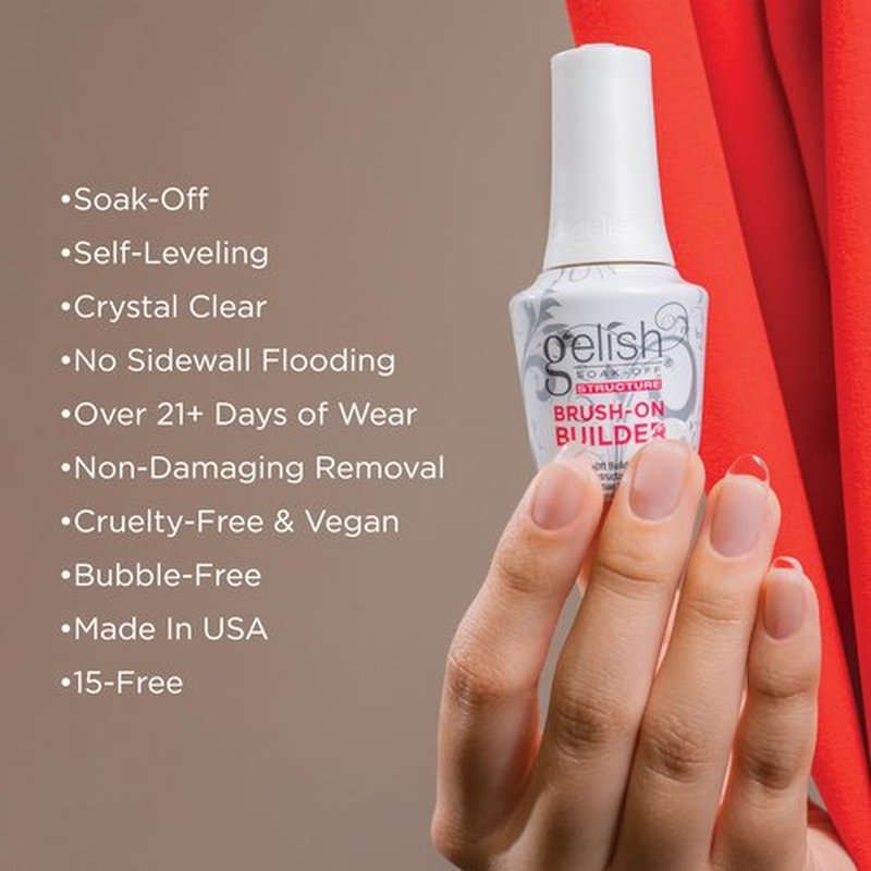 Gelish Brush-On Builder Gel – Professional Soak-Off Gel Polish for Extensions, Overlays, Nail Art – Self-Leveling, HEMA-Free, Vegan, Long-Lasting, UV/LED Curing (Clear, 15mL)