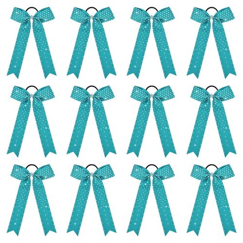 DEEKA 12 PCS Glitter Collegiate Style Cheer Bows Long Tail Full Rhinestones Skinny Shiny Cheer Bow Ponytail Holder Handmade Bows for Girls Teens Cheerleader Sports -Teal