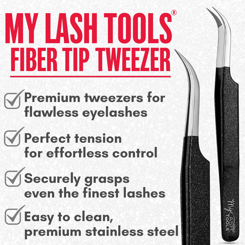 My Lash Tools Curved Classic Fiber Tip Lash Tweezers – 12cm Eyelash Extension Tweezer with Fine Curved Nano Grip Tip, Stainless Steel, Non-Slip Handle (Black)