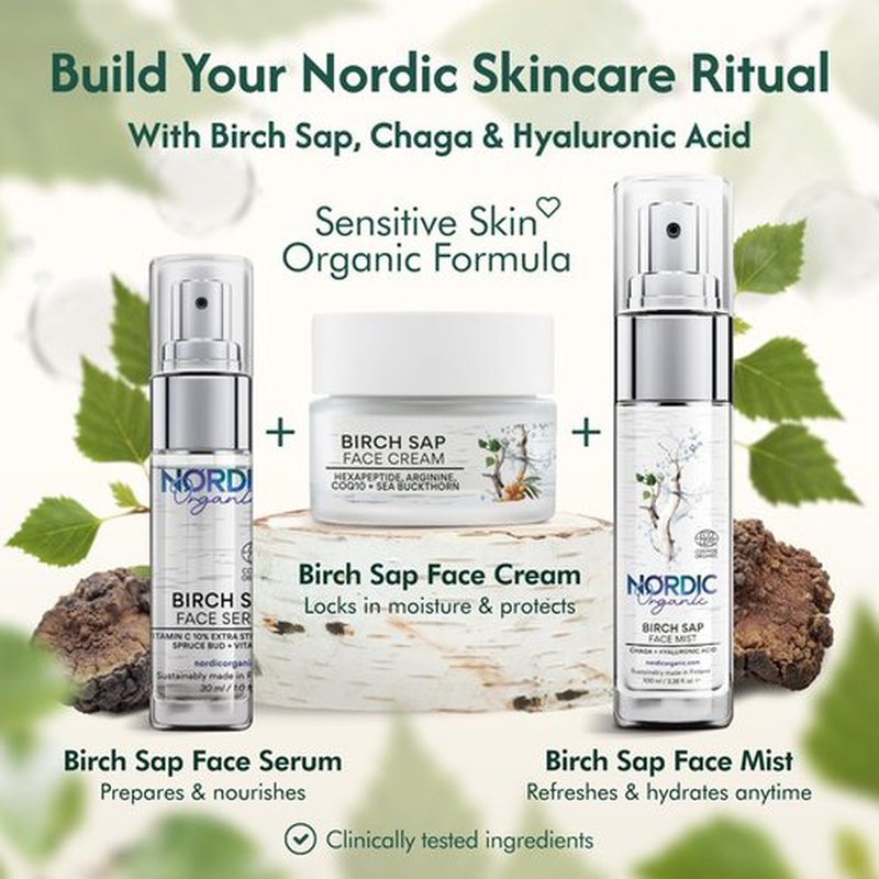 Nordic Organic Birch Sap Face Cream – Peptides, CoQ10, Arginine and sea buckthorn; fragrance-free; made in Finland - COSMOS Organic Certified sensitive-skin formula 50 ml (1.69 oz)