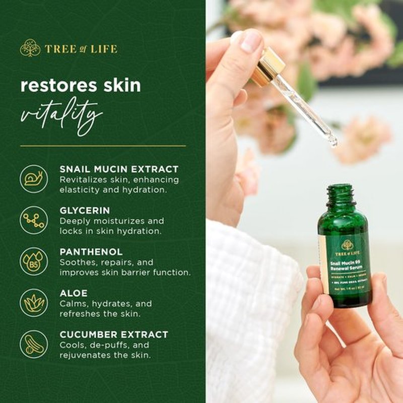 Tree of Life Beauty Hydrating Facial Serum - Advanced Snail Mucin 99% Pure Extract - Moisturizer for Hydration & Skin Regeneration - Reduces Fine Lines - Suitable for Sensitive Skin - 1 Fl Oz