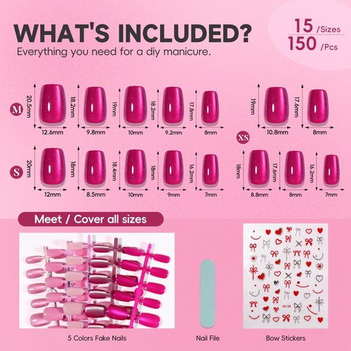 CUZIAM 150pcs Pink Cat Eye Press on Nails Short Square set, 5 Color Neon Hot Pink Galaxy Magnetic Gel Nails with Heart Nail Stickers for Valentine's Day, Pre-Builded Fake Nails Manicure Kit for Women