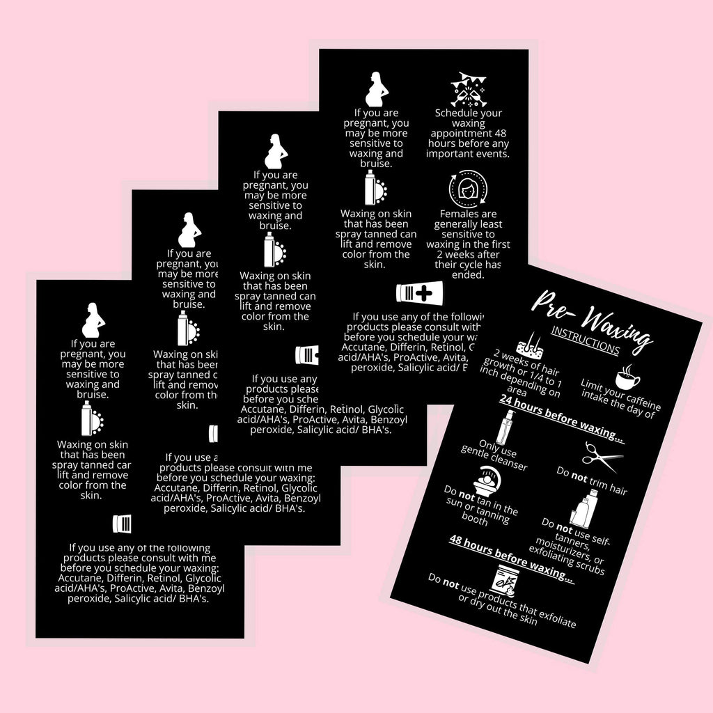 Waxing Aftercare Cards | 50 Pack | Size 2 x 3.5” inches Business Card Size | Waxing Aftercare Kit Cards PMU | Aftercare Instructions Black with Icons Design (Pre-Waxing)