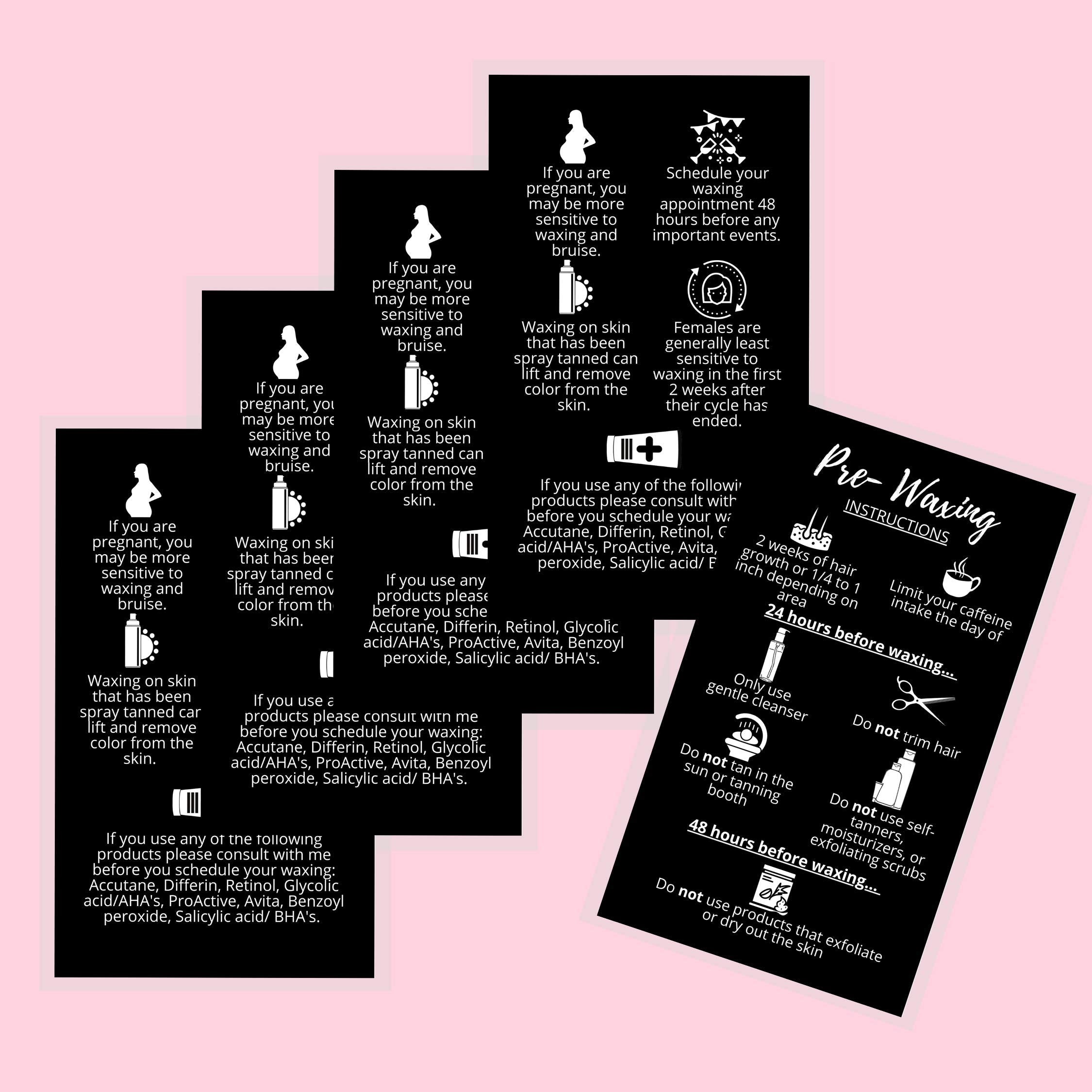 Waxing Aftercare Cards | 50 Pack | Size 2 x 3.5” inches Business Card Size | Waxing Aftercare Kit Cards PMU | Aftercare Instructions Black with Icons Design (Pre-Waxing)