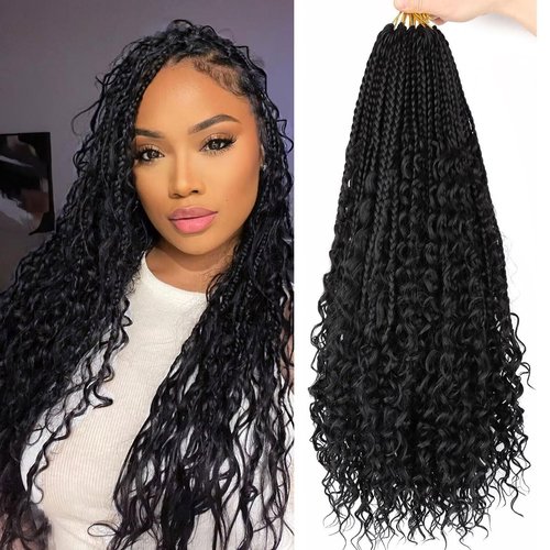 LYCSOU Goddess Box Braids Crochet Hair 1B - 18 Inch 8 Packs Crochet Box Braids Pre-looped Bohemian Boho Box Braids Crochet Hair with Curly Ends Synthetic Crochet Hair for Black Women