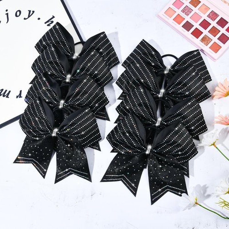 DEEKA 8PCS Black Stripes Glitter Cheer Bows with Iridescent Rhinestones Large 8" Competition Bow Cheer Hair Bows Elastic Band Ponytail Holder for Cheerleader Girls Softball Football Sports (Black)