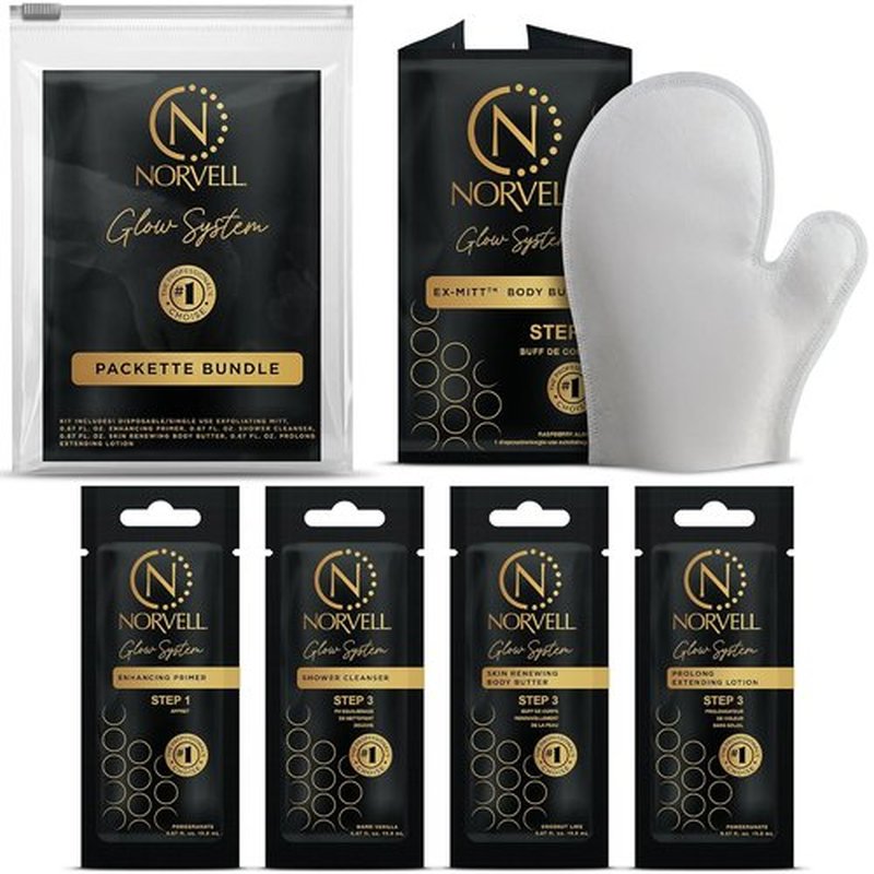 Norvell Glow System Trial Kit - 5-Step Sunless Tanning Essentials with Exmitt, Primer & Cleanser | Travel-Friendly Pouch