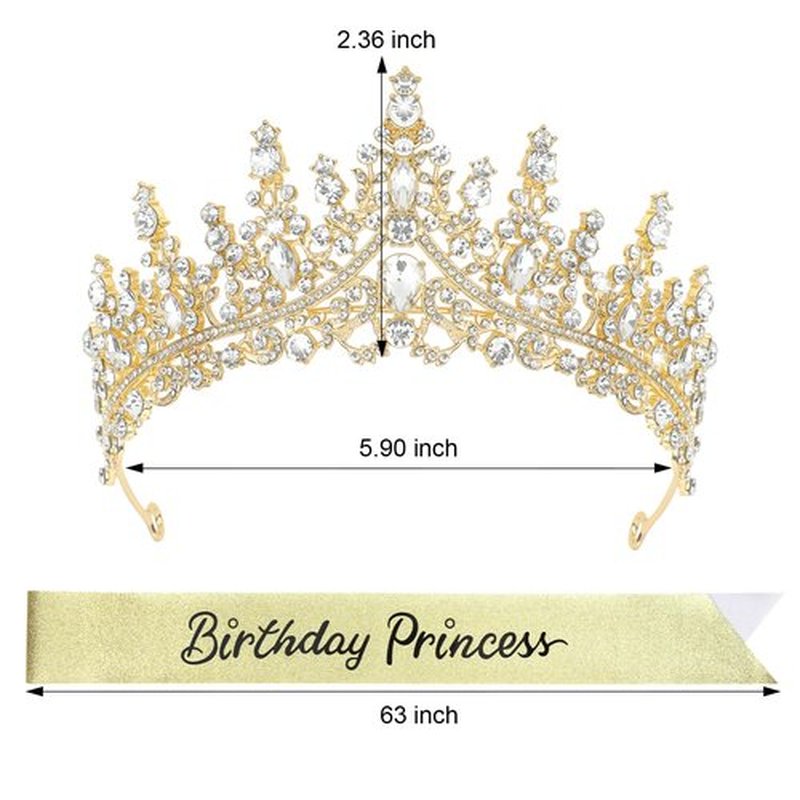 CAVETEE Princess Crown and Birthday Princess Sash,Glod Birthday Tiara With Glitter Sash for Princess Party Decorations Happy Birthday Accessories Birthday Crown and Tiara for Women Girls