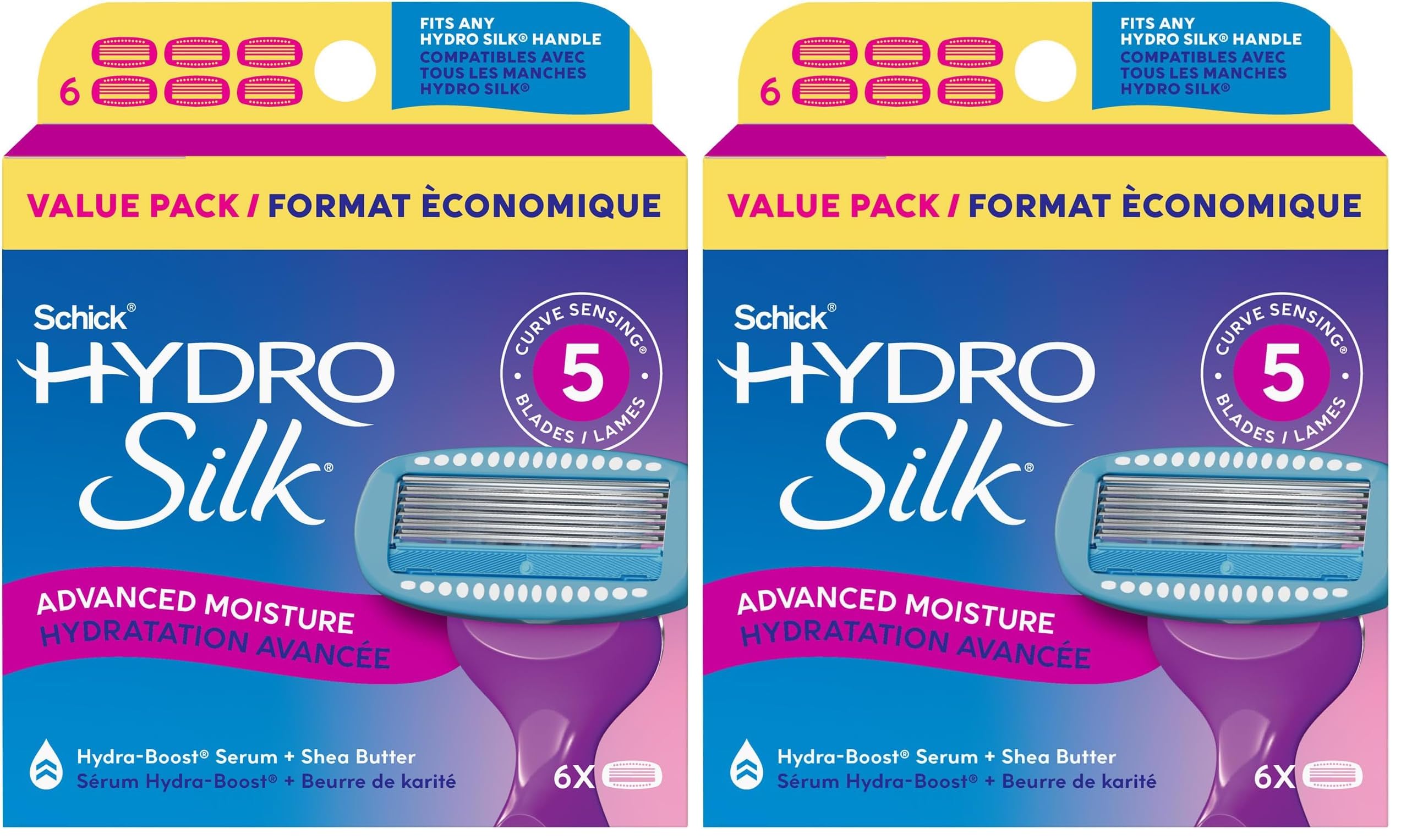 Schick Hydro Silk Moisture Razor Blade Refills,| 5-Blade Moisturizing Razors for Women | Womens Moisturizing Razor Refills,6 Count (Pack of 2)