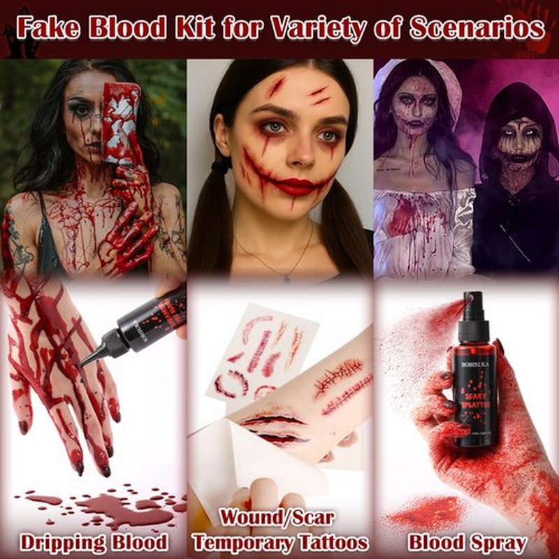 BOBISUKA Halloween Fake Blood Kit, 1.76oz Blood Spray + 1.76oz Dripping Blood + 4 Scar/Wound Face Tattoos, Realistic Washable Fake Blood Makeup for Clothes Zombie Vampire Monster SFX Costume Cosplay