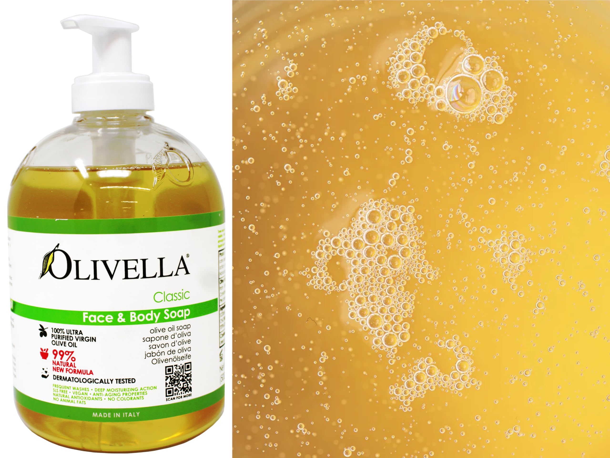 Olivella Classic Face and Body Soap with Ultra Purified Virgin Olive Oil, 16.9 Fl Oz - 6 Pack