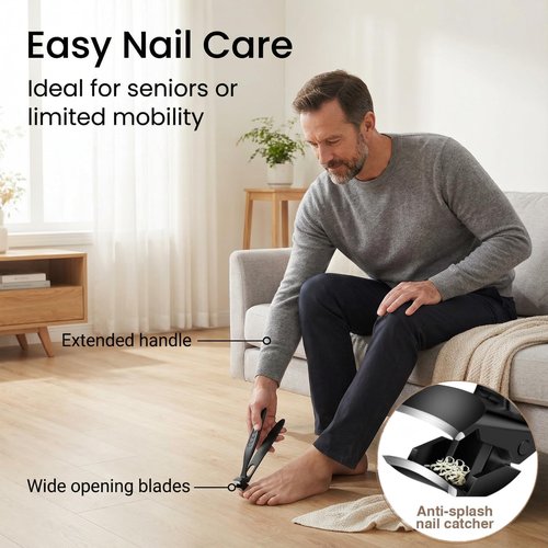 QPOIBSD Long Handle Toenail Clippers for Seniors - 45° Angled Head Wide Jaw Nail Clippers for Thick Nails, Heavy Duty Toe Nail Trimmer with Catcher for Men, Pregnancy, Arthritis, Limited Mobility