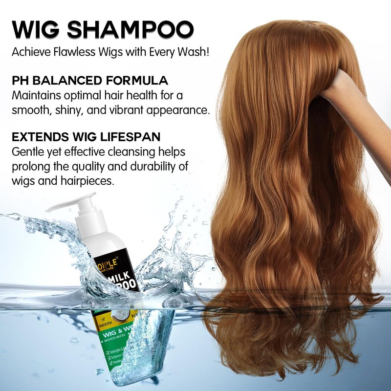 Wig Shampoo for Synthetic Wigs & Wig Milk Spray for Synthetic Hair, Detangle and Anti-Frizz, Hydrates & Moisturizes Synthetic Wig Shampoo, Conditioner＆Detangler 2 in 1 Moisturize Spray Detangler Brush