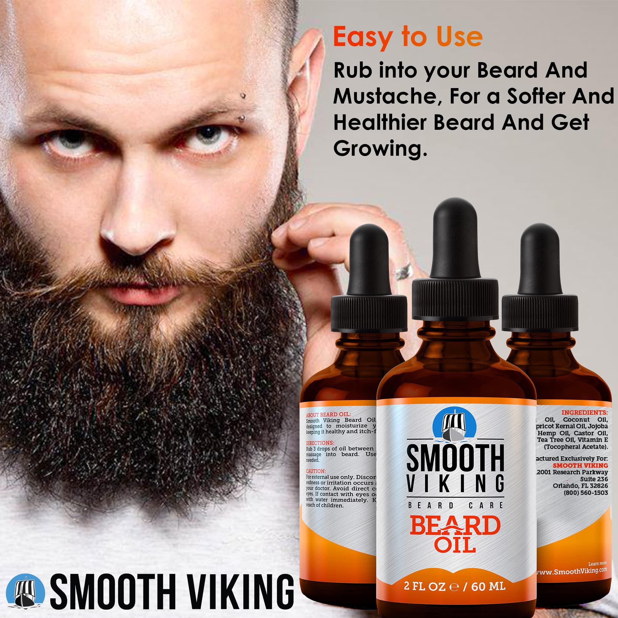 Smooth Viking Beard and Mustache Oil for Men - Argan Formula for Moisturizing, Grooming, and Soothing Dry Skin (2 Oz)