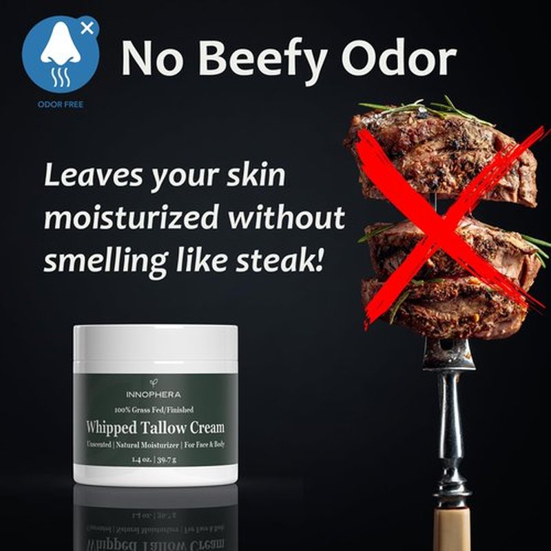 Innophera Whipped Beef Tallow Cream for Skin Care ‒ Grass Fed & Grass Finished ‒ 100% Natural Moisturizer for Sensitive Skin ‒ Handmade Face & Body Lotion ‒ Unscented & Odorless ‒ 1.4 oz.