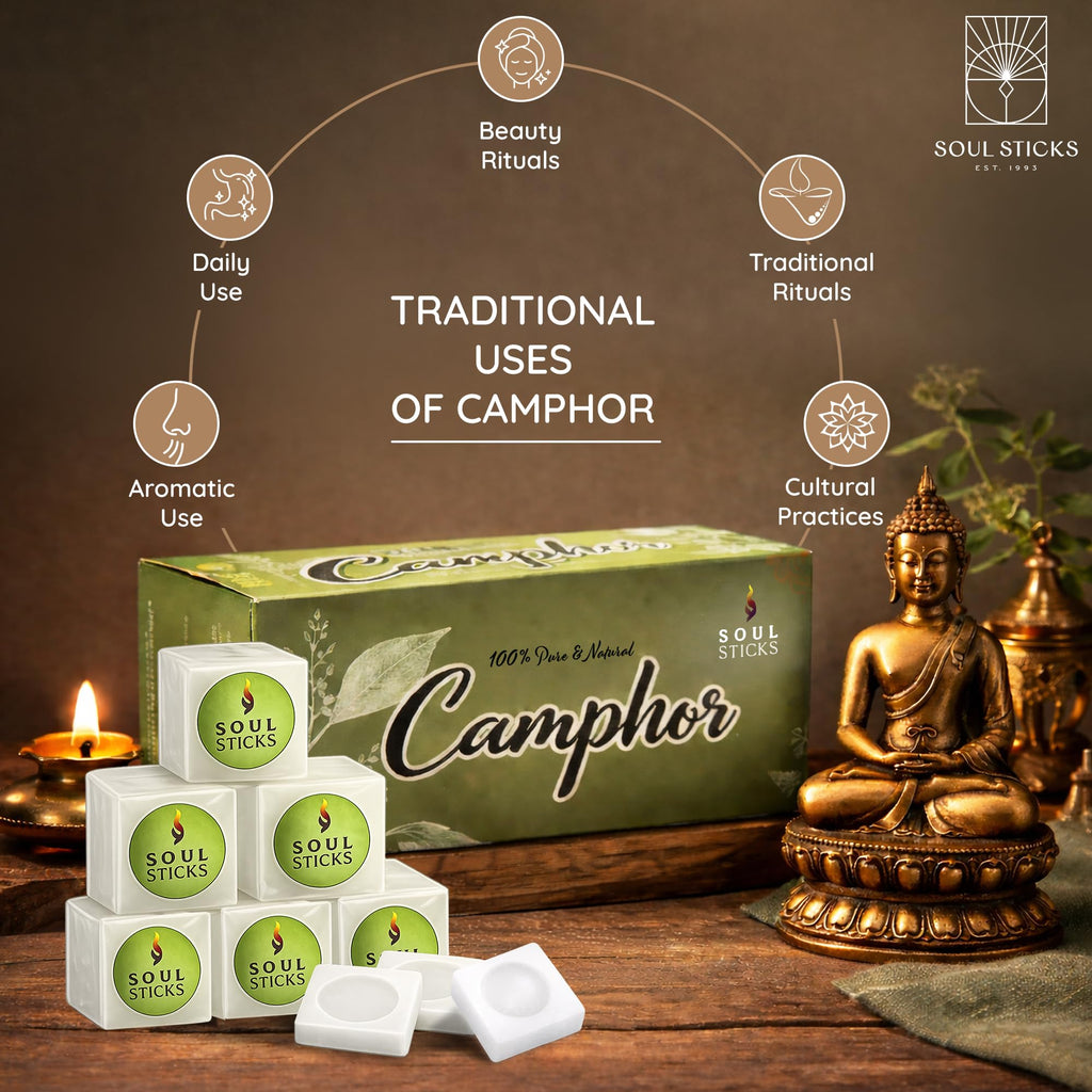 SOUL STICKS Natural Camphor Blocks,Pure Camphor Tablets for Aromatherapy & Puja - Alcanfor en Bloques, Alcanfor en Bolitas, Kapoor for Pooja (150 Grams (32 Tablets))