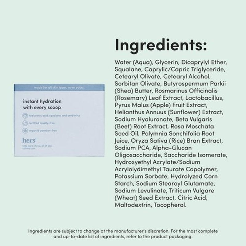 hers Hydrobounce Instant Moisturizer - Hyaluronic Acid, Squalane, & Probiotic Formula - Lightweight Daily Face Cream - Hydrating Vegan Facial Lotion – 1.7 Fl Oz