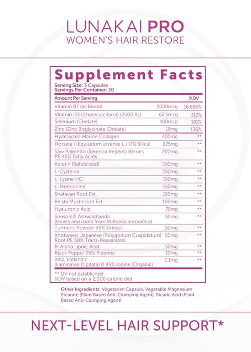 Lunakai PRO USA Made Women’s Hair Growth & Restore Vitamins – Advanced 15+ Nutrient Complex for Visible Results – Natural Thicker Hair Growth Supplement, 90ct