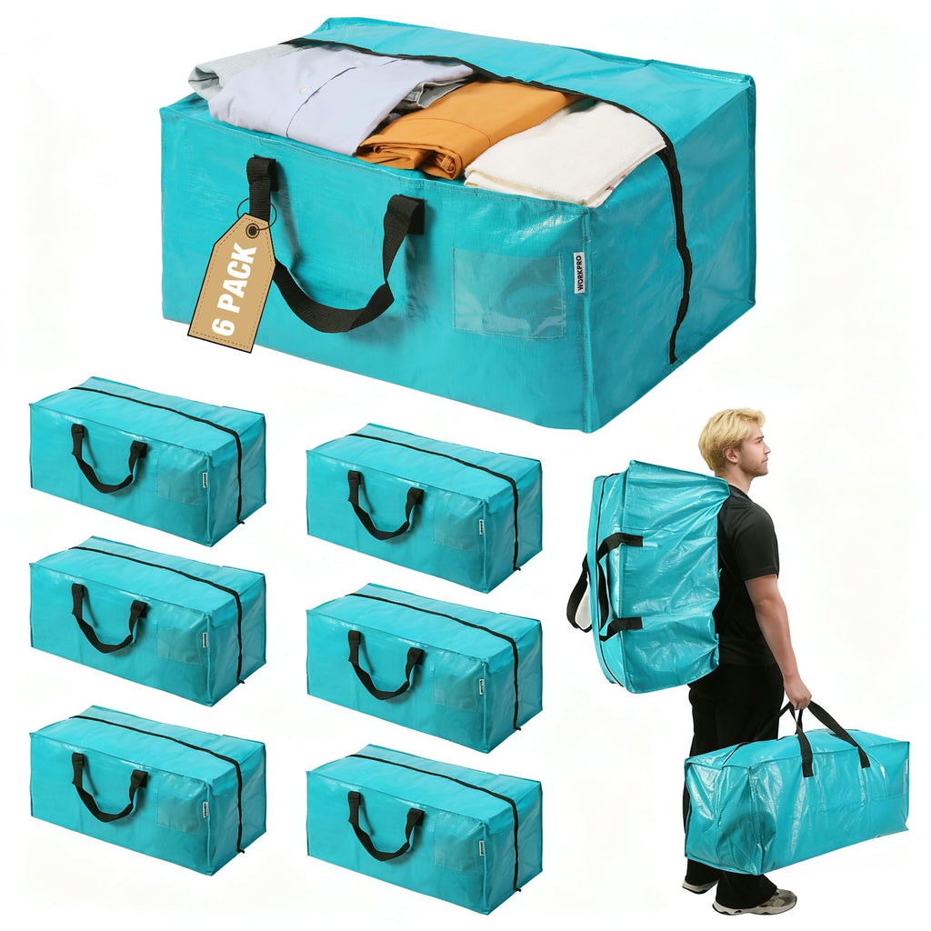 WORKPRO 6 Pack Extra Large Moving Bags with Zippers & Carrying Handles Backpack Straps, Heavy-Duty Storage Tote for Space Saving Moving Storage (Blue)