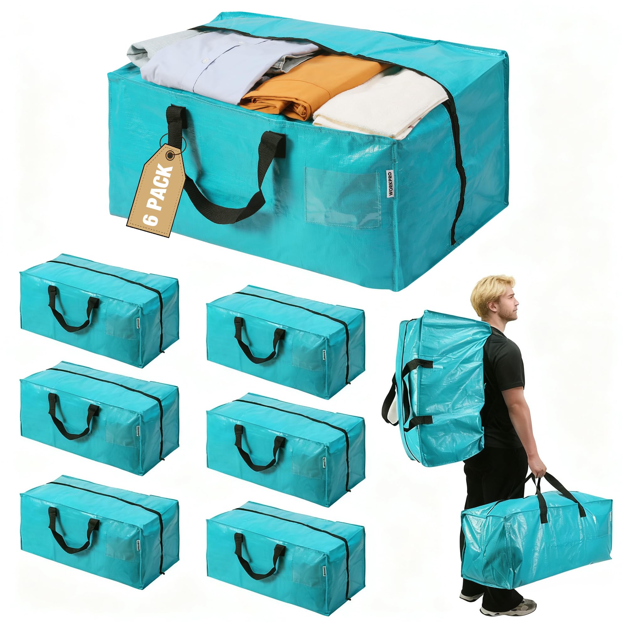 WORKPRO 6 Pack Extra Large Moving Bags with Zippers & Carrying Handles Backpack Straps, Heavy-Duty Storage Tote for Space Saving Moving Storage (Blue)