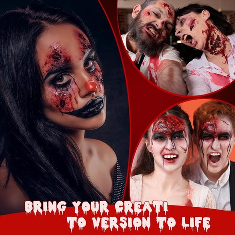 JAYUWE 7 PCS Halloween Fake Blood Spray Makeup Kit - Fake Blood 2.1oz X4 + Coagulated Blood Gel 1.41oz + Soap + Sponge, Washable Blood Paint for Clothes SFX Makeup Vampire Accessories, Dark & Fresh
