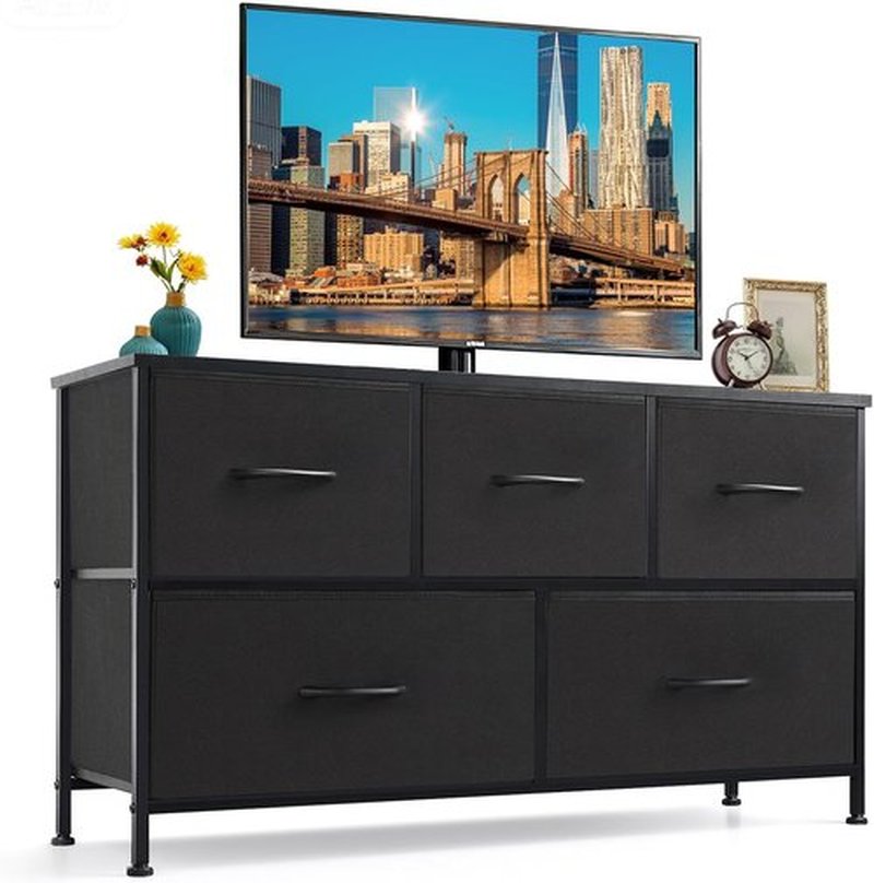 Skiennix 5-Drawer Dresser - Anti-Tip Fabric Chest with Wooden Top & Metal Frame | Black