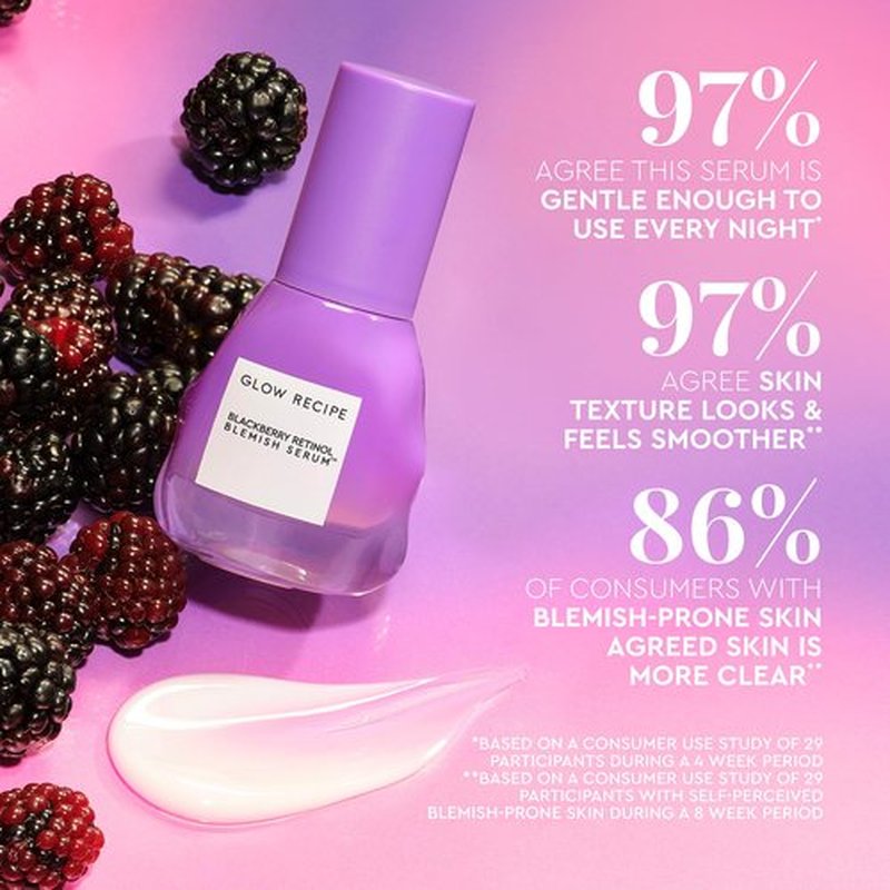 Glow Recipe Gentle Blackberry Retinol Serum, Korean Retinol Night Serum for Sensitive Skin, Triple Retinoids + Glycerin, Clarifying for Blemishes, Smooths Texture and Fine Lines (30ml)