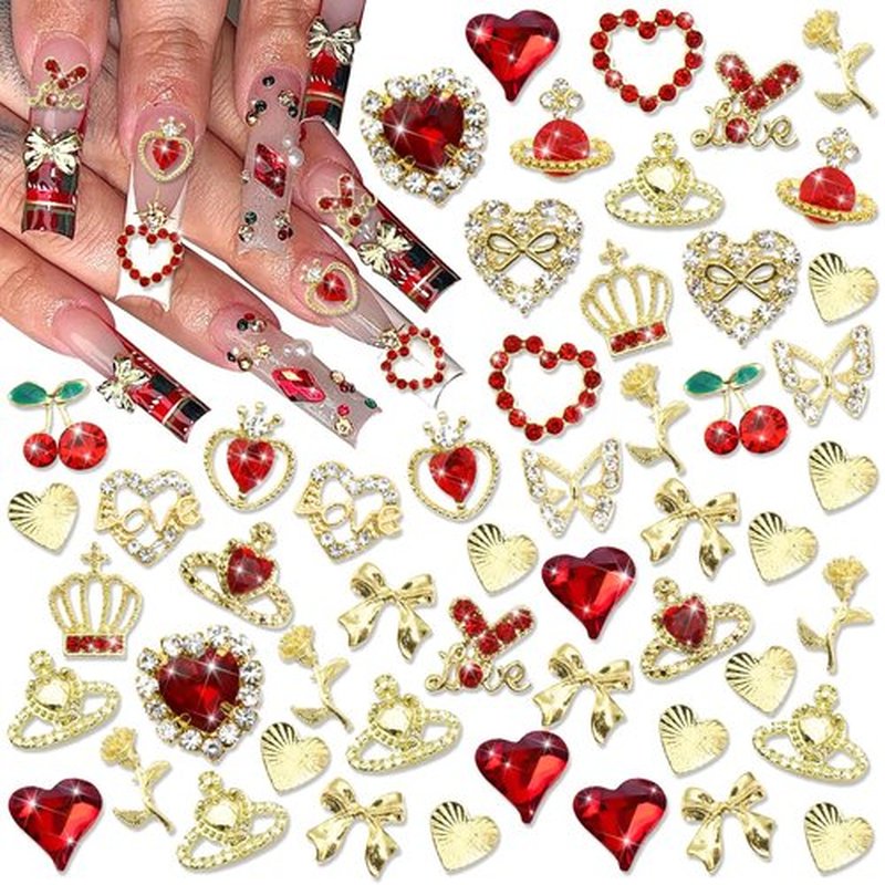 RODAKY 52PCS Valentines Nail Charms Red Heart Cherry Gems for Nails Metal Gold Butterfly Bows Roses Charms Jewelry Nail Art Accessories Supplies for Manicure DIY Design