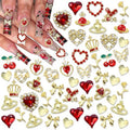 RODAKY 52PCS Valentines Nail Charms Red Heart Cherry Gems for Nails Metal Gold Butterfly Bows Roses Charms Jewelry Nail Art Accessories Supplies for Manicure DIY Design