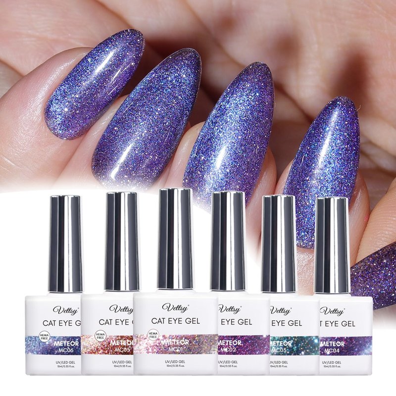vettsy Magnetic Gel Nail Polish Set with Magnet, 6 Colors Cat Eyes Gel Polish Kit with Cat Eyes Effect for DIY Nail Art Manicure at Home (Meteor)