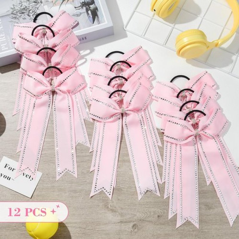 DEEKA Long Tail Rhinestones Cheer Bows 12 PCS Collegiate Style Cheer Bows Full Rhinestone Skinny Cheer Bow Ponytail Holder Handmade Bows for Girls Teens Cheerleader Sports (Light Pink)